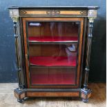 A Good Victorian Ebonised China Cabinet with amboyna inlay and canted corners with reeded pillars,