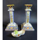 A Pair of Mosanic Faience Candlesticks (25cm) and shoe