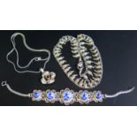 A Silver Rose Pendant Necklace, silver and Delft panel bracelet (26g) and white metal necklace