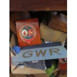 Knitting Oddments, Great North Easter Railway plaque, GWR card cover, wooden boxes, vanity case,