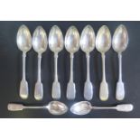 A Set of Seven Russian Silver Serving Spoons and two desert spoons, 84 zolotnik mark, maker cyrillic