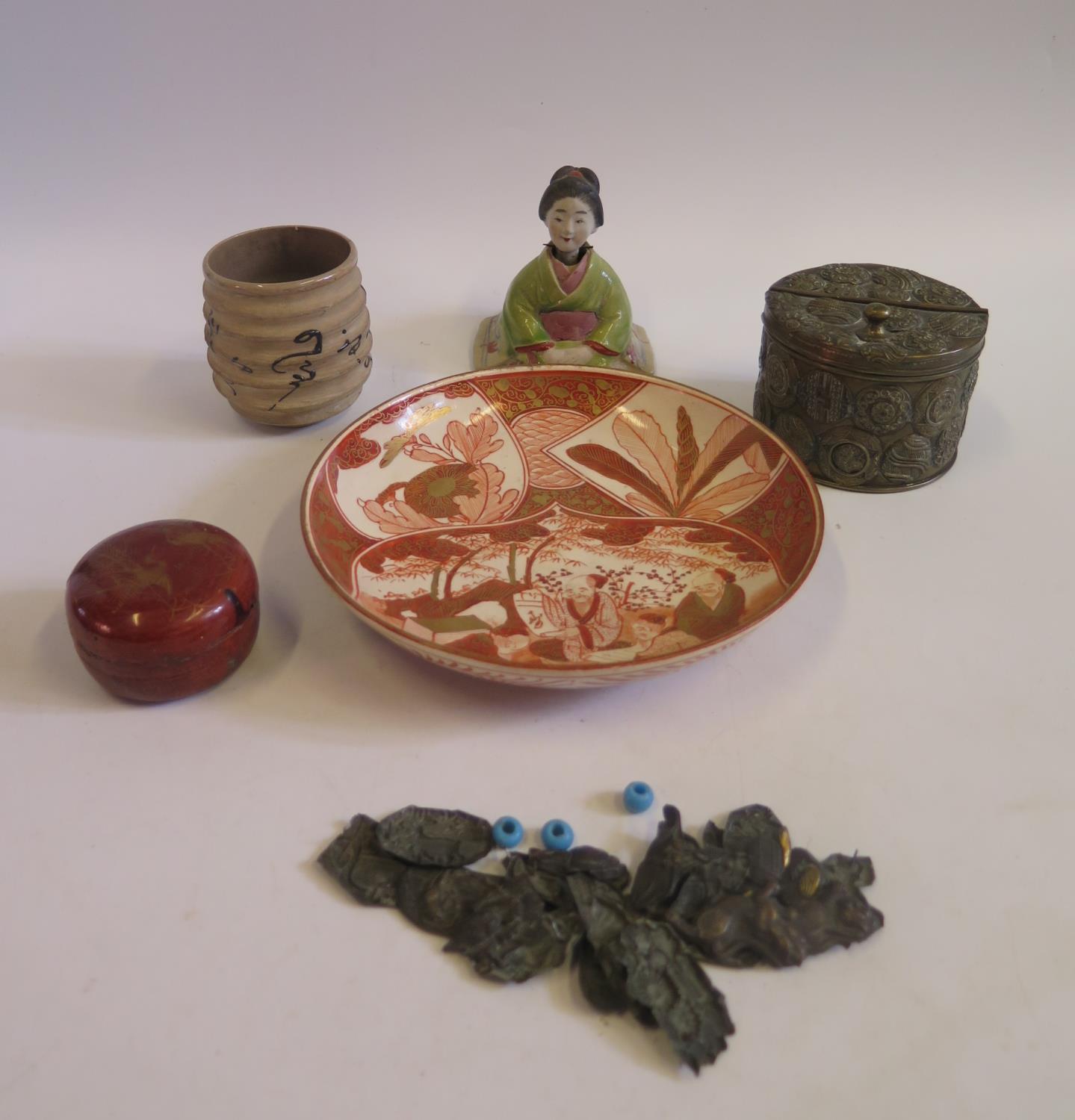 A 19th Century Japanese Earthenware Shallow Dish decorated in iron oxide and gilt with seated - Image 2 of 3