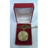 A Boxed Roamer Gold Plated Pocket Watch on chain, running