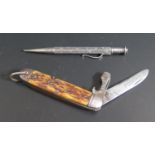 A Silver Pencil with chased foliate decoration and penknife