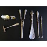 Silver Handled Button Hooks, hair curlers, shoe horn and plated spoon and pusher