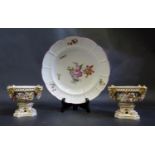 An Early Crown Derby Floral Decorated Plate, 24cm and pair of Bloor Derby Floral Encrusted Pot