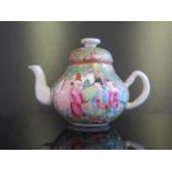 A 19th Century Chinese Cantonese Famille Rose Miniature Teapot (7cm high) and miniature blue and