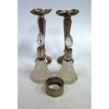 A Pair of Birmingham Loaded Silver Specimen Vases 17.5cm. A/F, two silver collar cut glass scent