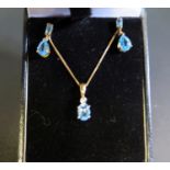 A 9ct Gold, Aqua Marine and Diamond Pendant Necklace with 16mm drop (clasp needs replacing) with