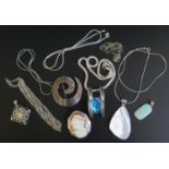 A Selection of Silver Jewellery including a cameo brooch and pendant necklaces, 91g