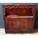A Chinese Cabinet with shelf over and carved and pierced foliate decoration, 75(w)x75(h)x18(d)cm