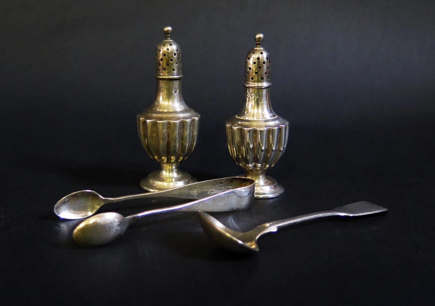 A Pair Of Victorian Silver Peppers, 8cm, London 1895, Henry Wilkinson & Co., silver spoon and