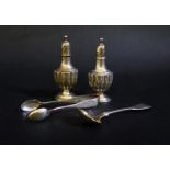 A Pair Of Victorian Silver Peppers, 8cm, London 1895, Henry Wilkinson & Co., silver spoon and