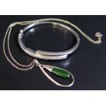 A Silver and Stone Set Hinged Bangle and silver and jadeite pendant necklace, 20g