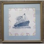 R.M.S. AQUITANIA, printed silk handkerchief, 21.5x 22cm, framed & glazed