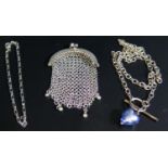 A Silver necklace with glass heart pendant, small silver bracelet (15g) and white metal mesh purse