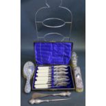 Silver Backed Brushes, silver handled button hook and shoe horn, plated fish eaters and cake stand