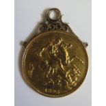 A Victorian Pendant Mounted 1893 £2 Gold Coin, 16.9g