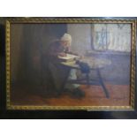 W.Stopel? Signature indistinguishable, Old lady reading by a window, Oil on panel, 31 x 22cm, Framed