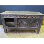 A Distressed Early Panelled Oak and Inlaid Coffer, c. 16th century, 145(w)x77(h)x59(d)cm