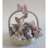 A Lladro Kitten and Floral Basket Ornament, c. 14cm high