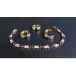 A Gold Plated Sapphire and White Stone Costume Bracelet with matching ring and earrings