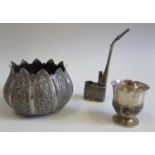 An Asian White Metal Lotus Blossom Bowl with embossed foliate decoration, 8cm diam., 80g, etc.