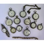 A Selection of Ten Ladies Silver Fob Watches, two silver wristwatches and gold plated bracelet