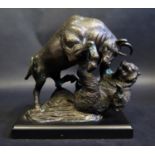 A Modern Bear and Bull Bronze Sculpture, base 22cm