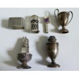Three Hallmarked Silver Peppers, engine turned silver napkin ring, small silver two handled