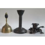 A Victorian Exeter Branch Table Bell (13cm), cast iron decorative chamberstick and iron patented