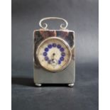 A Small Birmingham Silver Carriage Clock with a pretty white and blue guilloché enamel dial with sub