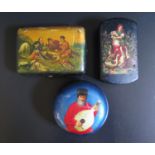 A Russian Khokhloma Painted Cigarette Case decorated with scene of picnicking hunting party, snuff