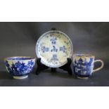 A Blue and White Porcelain Willow Pattern Tea Bowl, coffee can and saucer