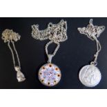 A Silver and Millefiori Glass Pendant Necklace, silver and stone set pendant necklace and silver St.