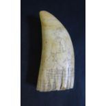 An Early 19th Century Scrimshaw Whale Tooth decorated with a full length portrait of a lady, 17cm