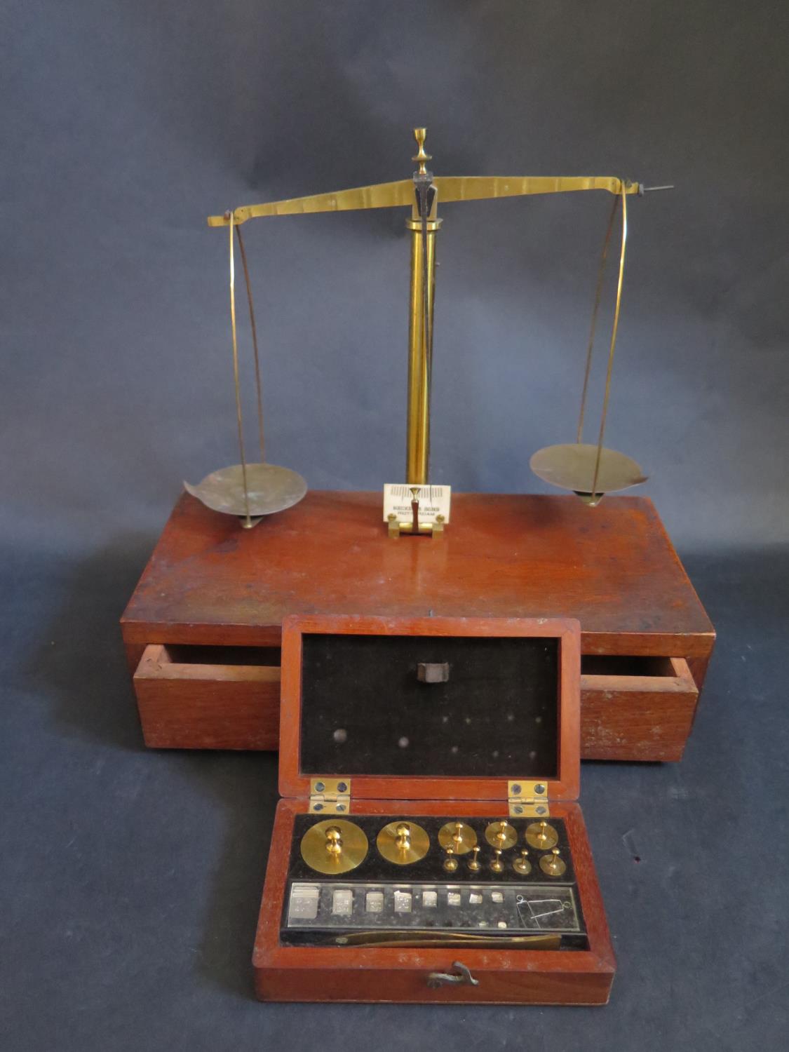 A Set of Becker & Sons Mahogany and Brass Balance Scales and box of weights