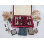 A Russian Silver and Niello Engraved Shot (28g), sterling silver teaspoons and tongs (140g), vest