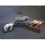 A Modern Bronze Sculpture of a Bull, base 31.5cm wide & Two Others