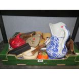 A Box of Oddments including blue and white jug, pestle and mortar, etc.