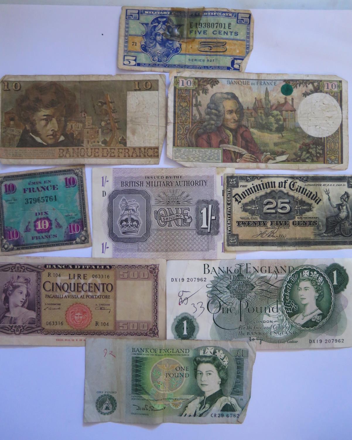 A Small Selection of Bank Notes including £1, British Military Authority One Shilling, Canada 1900