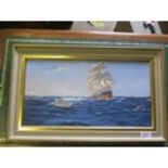 Sailing Ship and Launch, Gouache on Board, 45 x 25cm, Framed, Label Verso