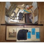Boxed Projector De-Luxe, micrometer, playing cards, crystal door knobs, old lock plate with key,