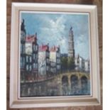 Morgen Berger, "CENTRUM" Amsterdam canal scene, oil on canvas, titled verso, 59x49cm, framed