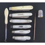 Three Silver and Mother of Pearl Fruit Knives and two thimbles including one by Charles Horner, etc.