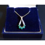 A 9ct Yellow Gold, Emerald and Diamond Pendant Necklace, 2.9g, 21mm drop, Bowden & Sons box