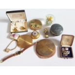 A Micromosaic Mounted Gilt Pill Pot, compacts and costume jewellery etc.