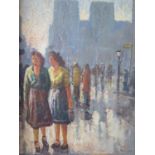 Verrane? Signed oil on canvas, 1940's? painting of two women with city scene behind, 50 x 39cm,