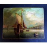 Ships in the Harbour, unsigned C19th oil on card, 12 x 9cm, unframed