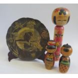 Three Japanese Kokeshi Dolls, tallest 24cm and Japanese spelter dish A/F